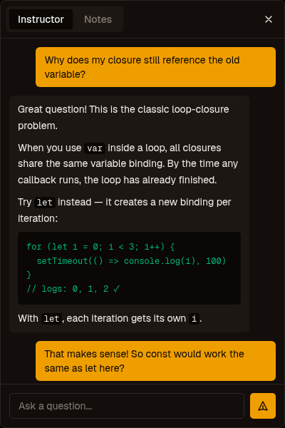 The AI Instructor chat panel explaining closures with a code example