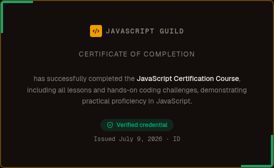A public JavaScript Guild certificate of completion issued to a course graduate