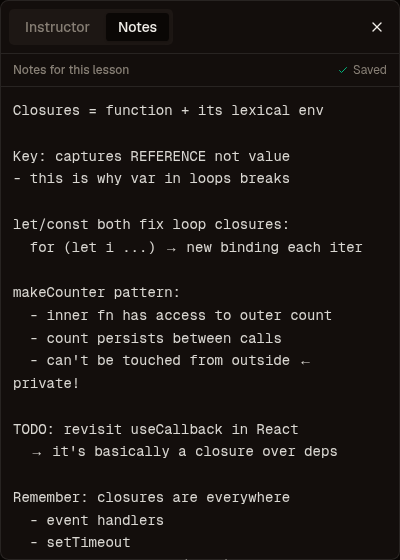 The notes panel showing saved personal notes for the Arrow Functions lesson